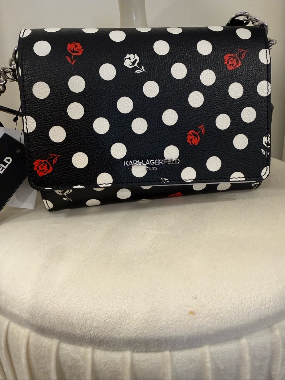 Karl Lagerfeld Black White Polka Dot Crossbody with Red Rose Accents